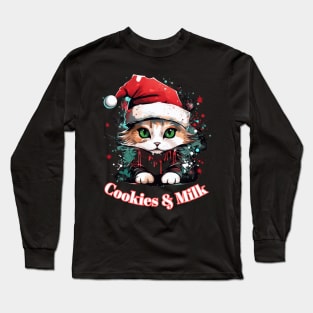 Cookies & Milk - Christmas Cat - Winter Holiday Long Sleeve T-Shirt